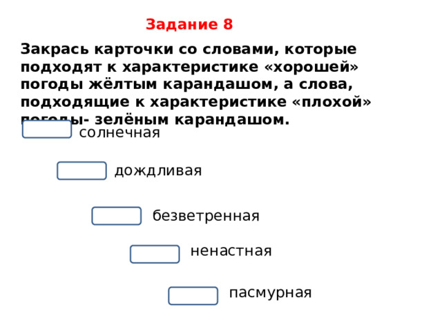 Задание 8 Закрась карточки со словами, которые подходят к характеристике «хорошей» погоды жёлтым карандашом, а слова, подходящие к характеристике «плохой» погоды- зелёным карандашом. солнечная дождливая безветренная ненастная пасмурная 