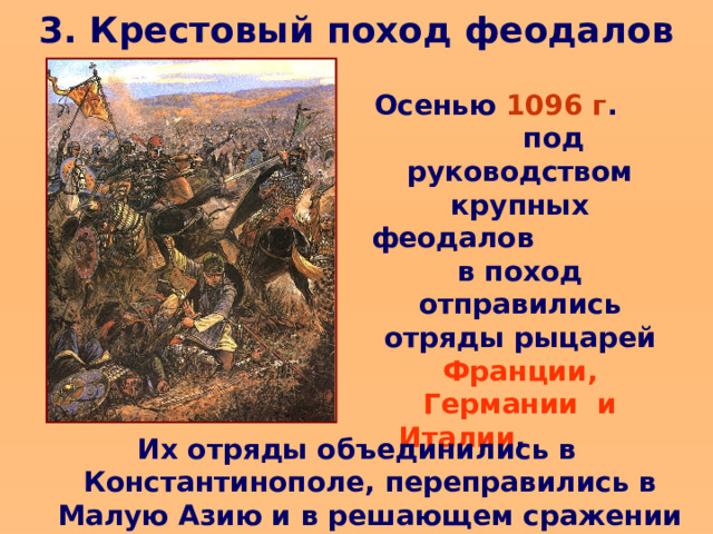 3. Крестовый поход феодалов Осенью 1096 г . под руководством крупных феодалов в поход отправились отряды рыцарей Франции, Германии и Италии . Их отряды объединились в Константинополе, переправились в Малую Азию и в решающем сражении разгромили турок-сельджуков. 