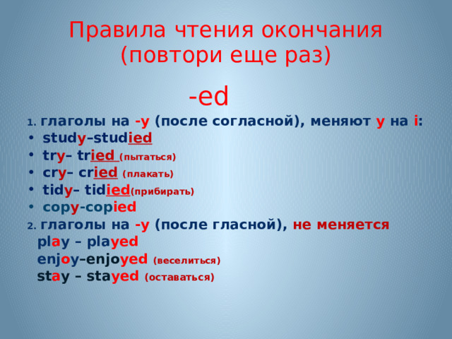 Правила чтения окончания  (повтори еще раз)  -ed 1. глаголы на -y (после согласной), меняют y на i : stud y –stud ied tr y – tr ied (пытаться)  cr y – cr ied  (плакать)  tid y – tid ied (прибирать)  cop y -cop ied 2. глаголы на -y (после гласной), не меняется  pl a y – pla yed  enj o y –enjo yed (веселиться)  st a y  – sta yed (оставаться) 