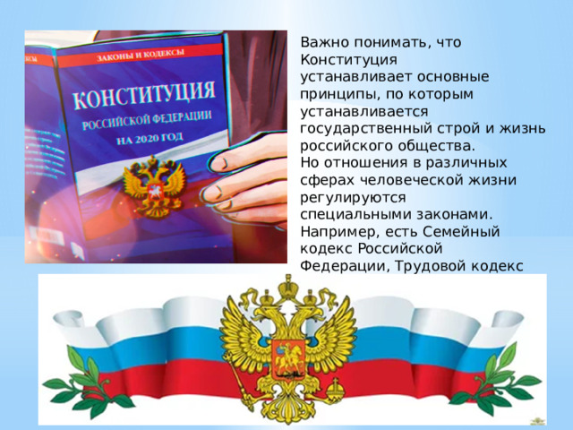 Важно понимать, что Конституция устанавливает основные принципы, по которым устанавливается государственный строй и жизнь российского общества. Но отношения в различных сферах человеческой жизни регулируются специальными законами. Например, есть Семейный кодекс Российской Федерации, Трудовой кодекс Российской Федерации – как вы думаете, какие отношения регулируют эти правовые акты? 