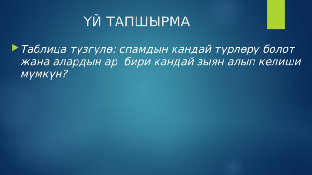 ҮЙ ТАПШЫРМА Таблица түзгүлө: спамдын кандай түрлөрү болот жана алардын ар бири кандай зыян алып келиши мүмкүн?  