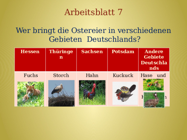 Arbeitsblatt 7 Wer bringt die Ostereier in verschiedenen Gebieten Deutschlands?             Hessen Thüringen  Fuchs Sachsen Storch Potsdam Hahn Andere Gebiete Deutschlands Kuckuck Hase und Kaninchen 