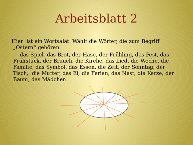 Arbeitsblatt 2   Hier ist ein Wortsalat. Wählt die Wörter, die zum Begriff „Ostern“ gehören.  das Spiel, das Brot, der Hase, der Frühling, das Fest, das Frühstück, der Brauch, die Kirche, das Lied, die Woche, die Familie, das Symbol, das Essen, die Zeit, der Sonntag, der Tisch, die Mutter, das Ei, die Ferien, das Nest, die Kerze, der Baum, das Mädchen           