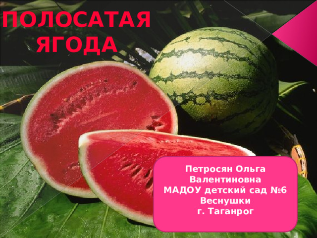 ПОЛОСАТАЯ ЯГОДА   Петросян Ольга Валентиновна МАДОУ детский сад №6 Веснушки г. Таганрог 