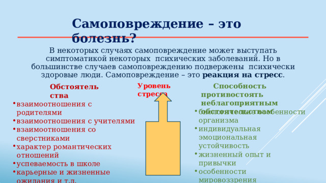 Самоповреждение –  это болезнь? В  некоторых  случаях  самоповреждение  может  выступать  симптоматикой  некоторых  психических  заболеваний.  Но  в  большинстве  случаев  самоповреждению  подвержены  психически  здоровые  люди.  Самоповреждение  –  это  реакция  на  стресс . Уровень  стресса Способность противостоять  неблагоприятным  обстоятельствам Об с т о ят е л ь ст в а взаимоотношения  с родителями взаимоотношения  с  учителями взаимоотношения  со сверстниками характер  романтических  отношений успеваемость  в школе карьерные и  жизненные  ожидания  и  т.д. биологические  особенности  организма индивидуальная  эмоциональная  устойчивость жизненный  опыт  и  привычки особенности  мировоззрения жизненные  ценности способность  к  анализу  причин и  последствий  своего  поведения  и  т.д. 