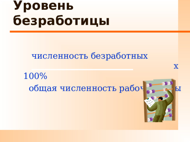  Уровень безработицы   численность безработных            х 100%   общая численность рабочей силы 