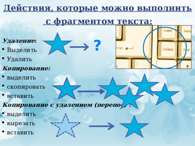 Действия, которые можно выполнить  с фрагментом текста:   Удаление : Выделить Удалить Копирование: выделить скопировать вставить Копирование с удалением (перенос) : выделить вырезать вставить ? 
