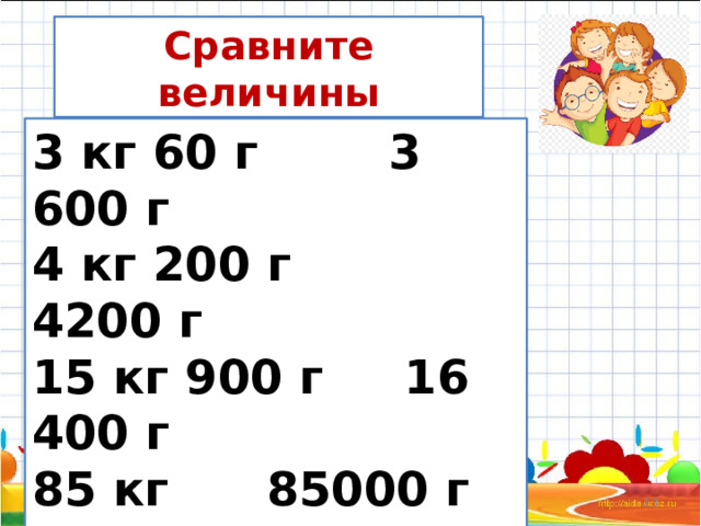 Сравните величины 3 кг 60 г 3 600 г  4 кг 200 г 4200 г  15 кг 900 г 16 400 г  85 кг 85000 г 4 000 г 4 кг 300 г 12/11/2023  