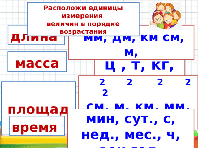 Расположи единицы измерения величин в порядке возрастания длина   мм, дм, км см, м,  масса  ц , т, кг,  г,  2 2 2 2 2 см, м, км, мм, дм,  площадь  мин, сут., с, нед., мес., ч, век,год, время  