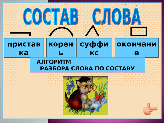 приставка суффикс окончание корень АЛГОРИТМ РАЗБОРА СЛОВА ПО СОСТАВУ 