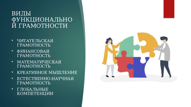 ВИДЫ ФУНКЦИОНАЛЬНОЙ ГРАМОТНОСТИ ЧИТАТЕЛЬСКАЯ ГРАМОТНОСТЬ  ФИНАНСОВАЯ ГРАМОТНОСТЬ МАТЕМАТИЧЕСКАЯ ГРАМОТНОСТЬ КРЕАТИВНОЕ МЫШЛЕНИЕ ЕСТЕСТВЕННО-НАУЧНАЯ ГРАМОТНОСТЬ ГЛОБАЛЬНЫЕ КОМПЕТЕНЦИИ 