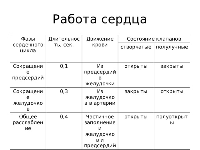 Работа сердца Фазы сердечного цикла Длительность, сек. Сокращение предсердий Движение крови Состояние клапанов 0,1 Сокращение желудочков створчатые 0,3 Из предсердий в желудочки Общее расслабление 0,4 открыты полулунные Из желудочков в артерии закрыты закрыты Частичное заполнение и желудочков и предсердий открыты открыты полуоткрыты 