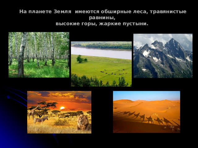  На планете Земля имеются обширные леса, травянистые равнины,  высокие горы, жаркие пустыни. 