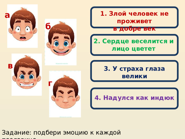 1. Злой человек не проживет а в добре век б 2. Сердце веселится и лицо цветет в 3. У страха глаза велики г 4. Надулся как индюк Задание: подбери эмоцию к каждой пословице 