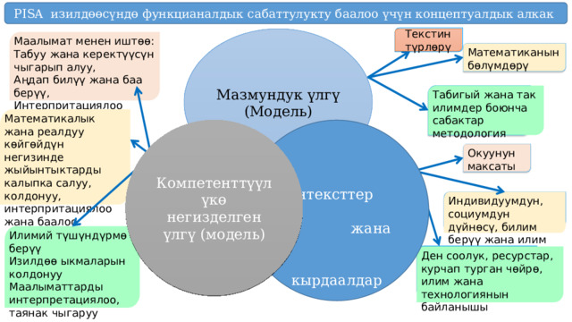 PISA изилдөөсүндө функцианалдык сабаттулукту баалоо үчүн концептуалдык алкак Мазмундук үлгү (Модель) Текстин түрлөрү Маалымат менен иштөө: Табуу жана керектүүсүн чыгарып алуу, Аңдап билүү жана баа берүү, Интерпритациялоо Математиканын бөлүмдөрү Табигый жана так илимдер боюнча сабактар методология Математикалык жана реалдуу көйгөйдүн негизинде жыйынтыктарды калыпка салуу, колдонуу, интерпритациялоо жана баалоо. Компетенттүүлүкө негизделген үлгү (модель)  Контексттер  жана  кырдаалдар Милдеттердин блогу Окуунун максаты Индивидуумдун, социумдун дүйнөсү, билим берүү жана илим Илимий түшүндүрмө берүү Изилдөө ыкмаларын колдонуу Маалыматтарды интерпретациялоо, таянак чыгаруу Ден соолук, ресурстар, курчап турган чөйрө, илим жана технологиянын байланышы 