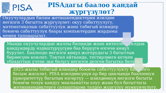 PISAдагы баалоо кандай жүргүзүлөт? Окуучулардын билим жетишкендиктерин изилдөө негизги 3 багытта жүргүзүлөт: окуу сабаттуулугу, математикалык сабаттуулук жана табигый илимдер боюнча сабаттуулук баары компьютердин жардамы менен тапшырылат. Мында окуучулардын жалпы билимди жана интеллектуалдык көндүмдөрдү өздөштүрүүсүнө баа берүүгө өзгөчө көңүл бурулат. Баалоодо негизги көңүл жогорудагы 3 багыттын бирөөсүнө коюлат. Тактап айтканда, тестирлөөгө кеткен убакыттын үчтөн эки бөлүгү негизги делген багытка бөлүнөт. 2025-жылы табигый илимдер боюнча сабаттуулукту баалоого басым жасалат. PISA изилдөөcүнүн ар бир циклында баалоонун приоритеттүү багытын өзгөртүү — изилдөөнүн негизги багыты боюнча толук кандуу маалыматты алуу жана бул багыттагы жетишкендиктерге салыштырма талдоо жүргүзүү мүмкүнчүлүгү. 