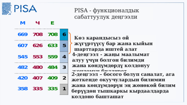PISA - функционалдык сабаттуулук деңгээли   Көз карандысыз ой жүгүртүүсү бар жана кыйын шарттарда иштей алат  4-деңгээл - жаңы маалымат алуу үчүн болгон билимди жана көндүмдөрдү колдонуу жөндөмүн билдирет  2-деңгээл – босого болуп саналат, ага жеткенде окуучулардын билимин жана көндүмдөрүн эң жөнөкөй билим берүүдөн тышкаркы кырдаалдарда колдоно башташат  