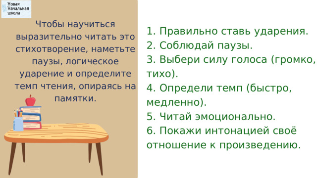 Чтобы научиться выразительно читать это стихотворение, наметьте паузы, логическое ударение и определите темп чтения, опираясь на памятки. 1. Правильно ставь ударения. 2. Соблюдай паузы. 3. Выбери силу голоса (громко, тихо). 4. Определи темп (быстро, медленно). 5. Читай эмоционально. 6. Покажи интонацией своё отношение к произведению. 