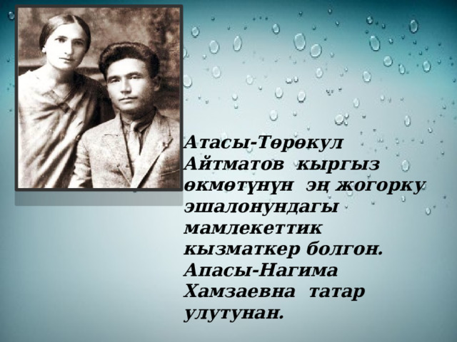 Атасы-Төрөкул Айтматов кыргыз өкмөтүнүн эң жогорку эшалонундагы мамлекеттик кызматкер болгон. Апасы-Нагима Хамзаевна татар улутунан. 