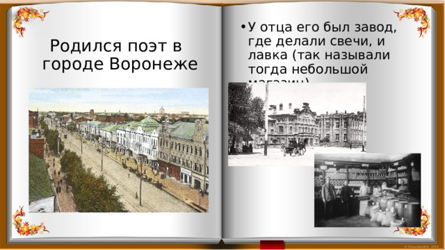 Родился поэт в городе Воронеже У отца его был завод, где делали свечи, и лавка (так называли тогда небольшой магазин). 