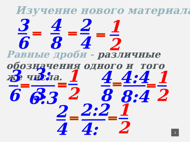 Изучение нового материала 3 4 2 1 6 4 8 2 Равные дроби - различные обозначения одного и того же числа. 3:3 1 3 1 4 4:4 2 6 2 8 8:4 6:3 2:2 1 2 2 4 4:2 3 