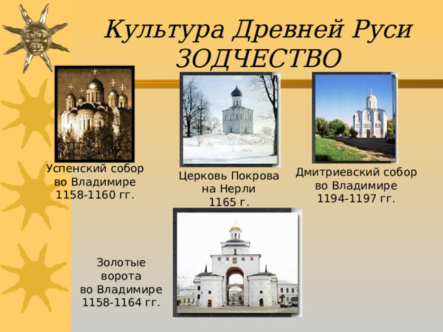 Культура Древней Руси  ЗОДЧЕСТВО Успенский собор во Владимире 1158-1160 гг. Дмитриевский собор во Владимире 1194-1197 гг. Церковь Покрова на Нерли 1165 г. Золотые ворота во Владимире 1158-1164 гг. 