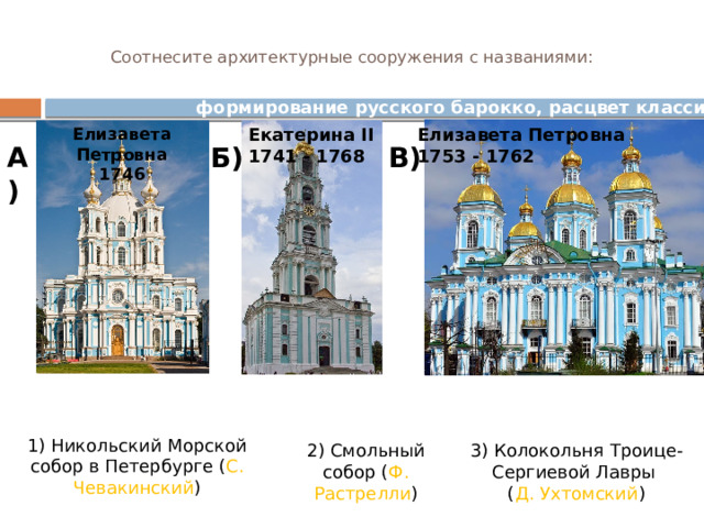 Соотнесите архитектурные сооружения с названиями:   формирование русского барокко, расцвет классицизма Екатерина II Елизавета Петровна Елизавета Петровна 1746 1753 - 1762 1741 - 1768    А) Б) В) 1) Никольский Морской собор в Петербурге ( С. Чевакинский ) 3) Колокольня Троице-Сергиевой Лавры 2) Смольный собор ( Ф. Растрелли ) ( Д. Ухтомский ) 