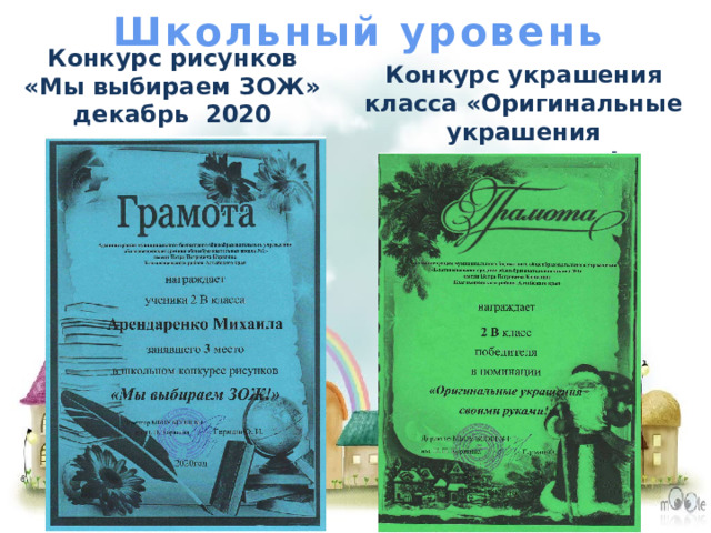 Школьный уровень Конкурс украшения класса «Оригинальные украшения своими руками!» декабрь 2020 Конкурс рисунков  «Мы выбираем ЗОЖ»  декабрь 2020 