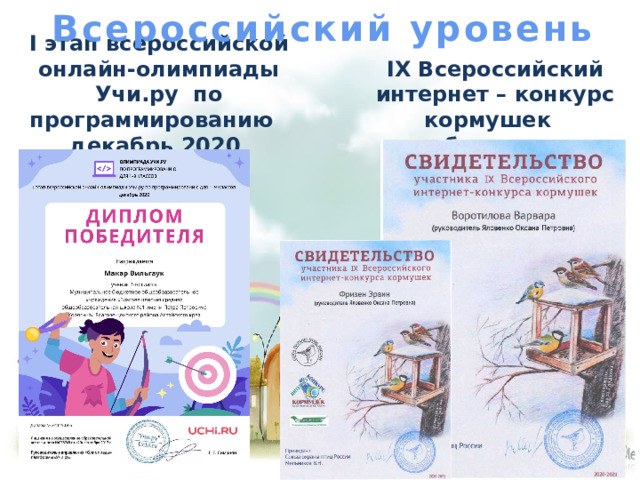 Всероссийский уровень IX Всероссийский интернет – конкурс кормушек декабрь – январь 2021 I этап всероссийской онлайн-олимпиады Учи.ру по программированию  декабрь 2020 