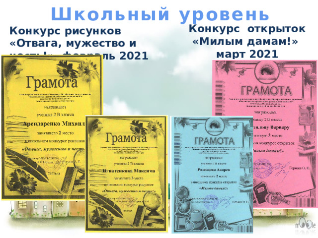 Школьный уровень Конкурс рисунков «Отвага, мужество и честь!» февраль 2021 Конкурс открыток  «Милым дамам!»  март 2021 
