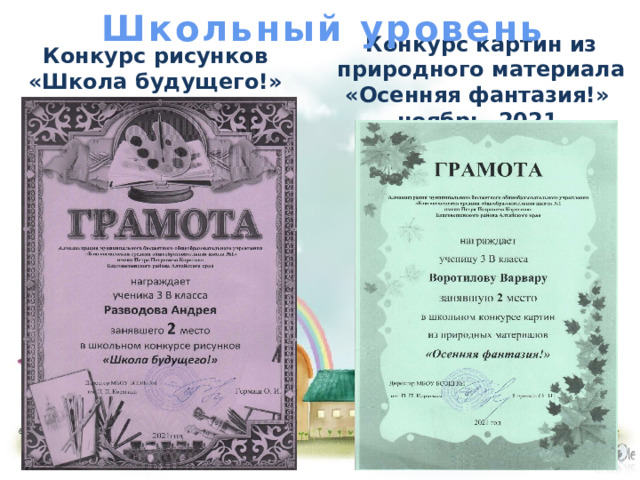 Школьный уровень Конкурс рисунков «Школа будущего!» октябрь 2021 Конкурс картин из природного материала «Осенняя фантазия!» ноябрь 2021 