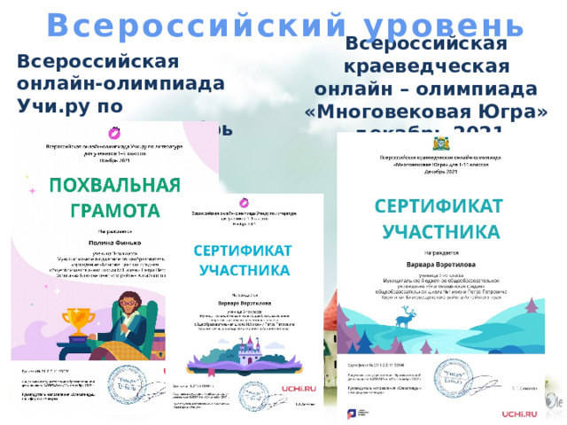 Всероссийский уровень Всероссийская онлайн-олимпиада Учи.ру по литературе ноябрь 2021 Всероссийская краеведческая онлайн – олимпиада «Многовековая Югра» декабрь 2021 