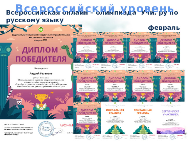 Всероссийский уровень Всероссийская онлайн – олимпиада Учи. ру по русскому языку  февраль 2022 