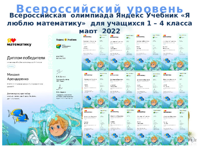 Всероссийский уровень Всероссийская олимпиада Яндекс Учебник «Я люблю математику» для учащихся 1 – 4 класса март 2022 