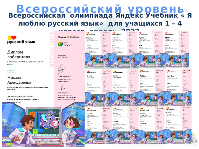 Всероссийский уровень Всероссийская олимпиада Яндекс Учебник « Я люблю русский язык» для учащихся 1 – 4 класса апрель 2022 
