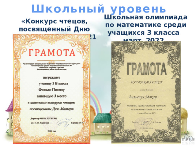 Школьный уровень «Конкурс чтецов, посвященный Дню Матери» ноябрь 2021 Школьная олимпиада по математике среди учащихся 3 класса март 2022 