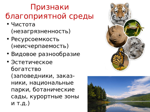 Признаки благоприятной среды Чистота (незагрязненность) Ресурсоемкость (неисчерпаемость) Видовое разнообразие Эстетическое богатство  (заповедники, заказ-ники, национальные парки, ботанические сады, курортные зоны и т.д.) 
