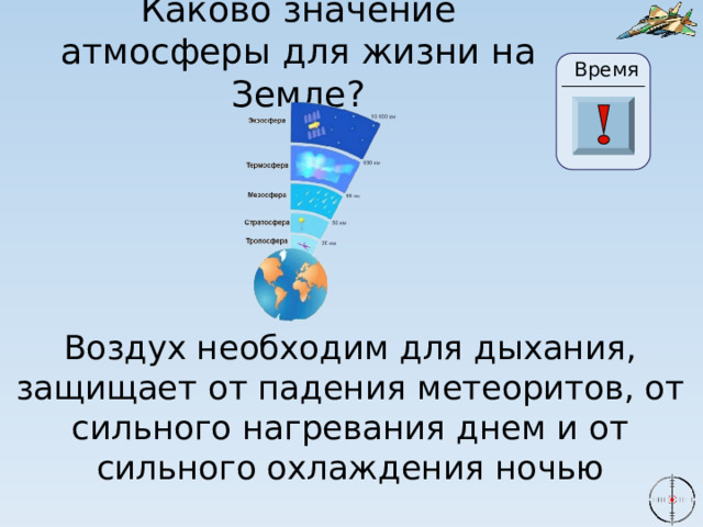 Каково значение атмосферы для жизни на Земле? Время 24 20 21 22 23 28 25 26 27 29 30 19 18 17 16 0 1 2 3 4 5 6 7 8 9 10 11 13 14 15 12 Воздух необходим для дыхания, защищает от падения метеоритов, от сильного нагревания днем и от сильного охлаждения ночью 