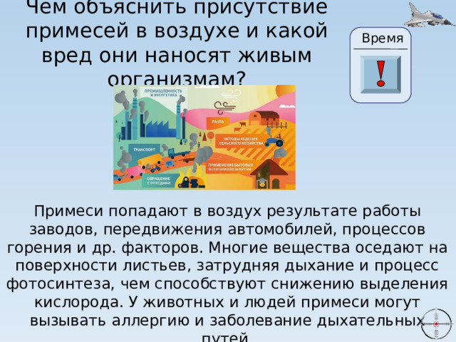 Чем объяснить присутствие примесей в воздухе и какой вред они наносят живым организмам? Время 24 19 20 21 22 23 28 25 26 27 17 29 30 18 16 6 15 0 1 2 3 4 5 7 8 9 10 11 13 14 12 Примеси попадают в воздух результате работы заводов, передвижения автомобилей, процессов горения и др. факторов. Многие вещества оседают на поверхности листьев, затрудняя дыхание и процесс фотосинтеза, чем способствуют снижению выделения кислорода. У животных и людей примеси могут вызывать аллергию и заболевание дыхательных путей. 