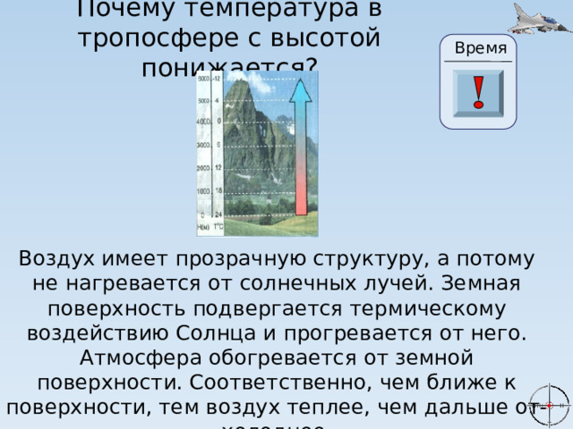 Почему температура в тропосфере с высотой понижается? Время 24 19 20 21 22 23 28 25 26 27 17 29 30 18 16 6 15 0 1 2 3 4 5 7 8 9 10 11 13 14 12 Воздух имеет прозрачную структуру, а потому не нагревается от солнечных лучей. Земная поверхность подвергается термическому воздействию Солнца и прогревается от него. Атмосфера обогревается от земной поверхности. Соответственно, чем ближе к поверхности, тем воздух теплее, чем дальше от- холоднее. 
