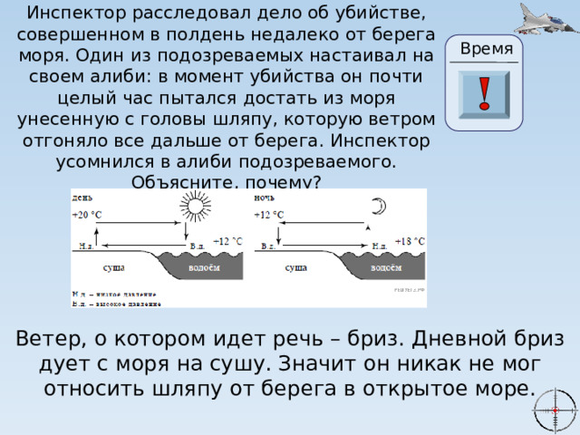 Время Инспектор расследовал дело об убийстве, совершенном в полдень недалеко от берега моря. Один из подозреваемых настаивал на своем алиби: в момент убийства он почти целый час пытался достать из моря унесенную с головы шляпу, которую ветром отгоняло все дальше от берега. Инспектор усомнился в алиби подозреваемого. Объясните, почему? 24 19 20 21 22 23 28 25 26 27 17 29 30 18 16 6 15 0 1 2 3 4 5 7 8 9 10 11 13 14 12 Ветер, о котором идет речь – бриз. Дневной бриз дует с моря на сушу. Значит он никак не мог относить шляпу от берега в открытое море. 