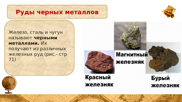 Руды черных металлов Железо, сталь и чугун называют черными металлами. Их получают из различных железных руд (рис.- стр 71) 