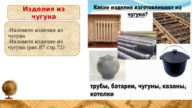 Изделия из чугуна -Назовите изделия из чугуна -Назовите изделие из чугуна (рис.87 стр.72) 