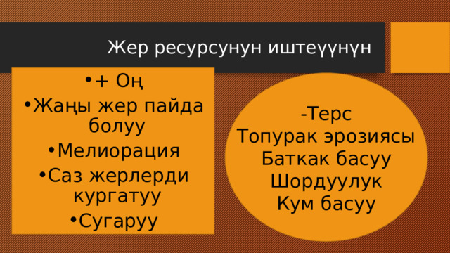  Жер ресурсунун иштеүүнүн + Оң Жаңы жер пайда болуу Мелиорация Саз жерлерди кургатуу Сугаруу -Терс Топурак эрозиясы Баткак басуу Шордуулук Кум басуу 