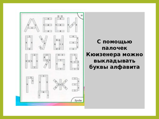 С помощью палочек Кюизенера можно выкладывать буквы алфавита 