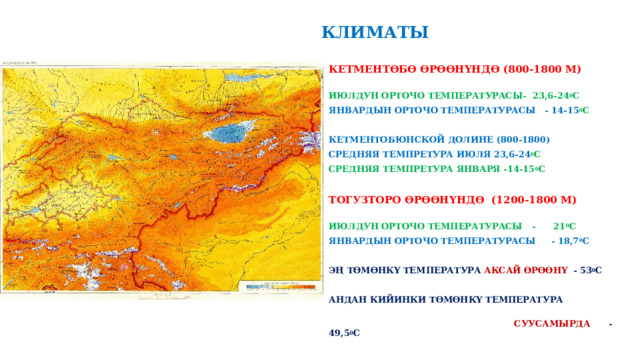  КЛИМАТЫ КЕТМЕНТӨБӨ ӨРӨӨНҮНДӨ (800-1800 М)  ИЮЛДУН ОРТОЧО ТЕМПЕРАТУРАСЫ- 23,6-24 0 С ЯНВАРДЫН ОРТОЧО ТЕМПЕРАТУРАСЫ - 14-15 0 С  КЕТМЕНТОБЮНСКОЙ ДОЛИНЕ (800-1800) СРЕДНЯЯ ТЕМПРЕТУРА ИЮЛЯ 23,6-24 0 С СРЕДНЯЯ ТЕМПРЕТУРА ЯНВАРЯ -14-15 0 С  ТОГУЗТОРО ӨРӨӨНҮНДӨ (1200-1800 М) ИЮЛДУН  ОРТОЧО ТЕМПЕРАТУРАСЫ - 21 0 С ЯНВАРДЫН ОРТОЧО ТЕМПЕРАТУРАСЫ - 18,7 0 С  ЭҢ ТӨМӨНКҮ ТЕМПЕРАТУРА АКСАЙ ӨРӨӨНҮ - 53 0 С  АНДАН КИЙИНКИ ТӨМӨНКҮ ТЕМПЕРАТУРА  СУУСАМЫРДА -49,5 0 С  