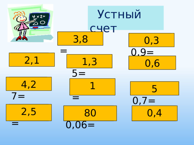  Устный счет 2,3+1,5= 3,8 1,2- 0,9= 0,3 4,1-2= 2,1 1,3 6,5 : 5= 1- 0,4= 0,6 0.6 * 7= 4,2 5,1:5,1= 1 5 3,5: 0,7= 2,5 10 : 4 = 80 2 : 5= 4,8: 0,06= 0,4 