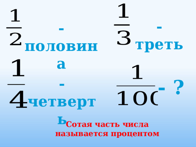 - треть - половина - четверть - ? Сотая часть числа называется процентом  