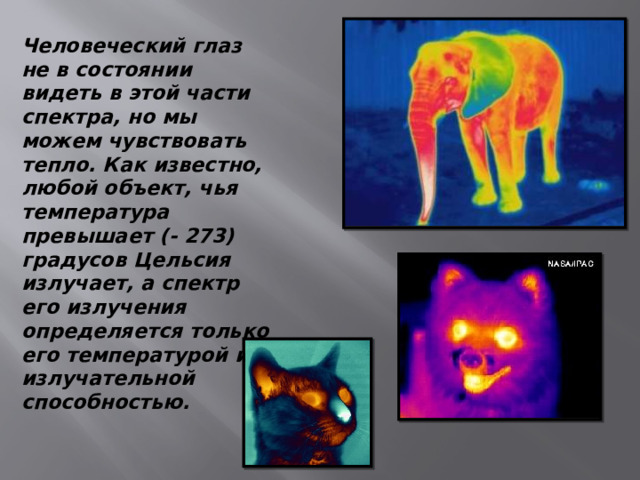 Человеческий глаз не в состоянии видеть в этой части спектра, но мы можем чувствовать тепло. Как известно, любой объект, чья температура превышает (- 273) градусов Цельсия излучает, а спектр его излучения определяется только его температурой и излучательной способностью.   