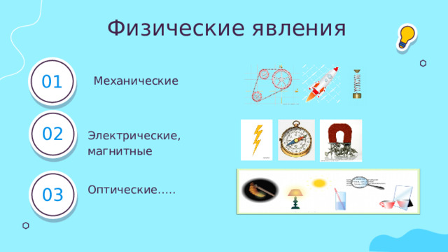 Физические явления 01 Механические 02 Электрические, магнитные Оптические….. 03  
